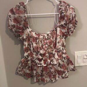 Blue Rain Floral Blouse with Pink and Cream Hues